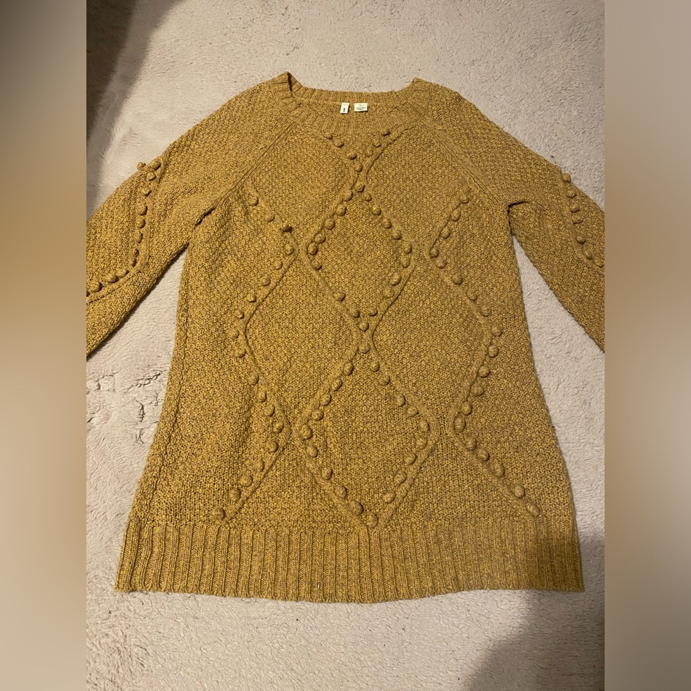 Anthropologie Moth Women's Size M Pom Pom Wool Sweater Tunic Mustard Pullover
